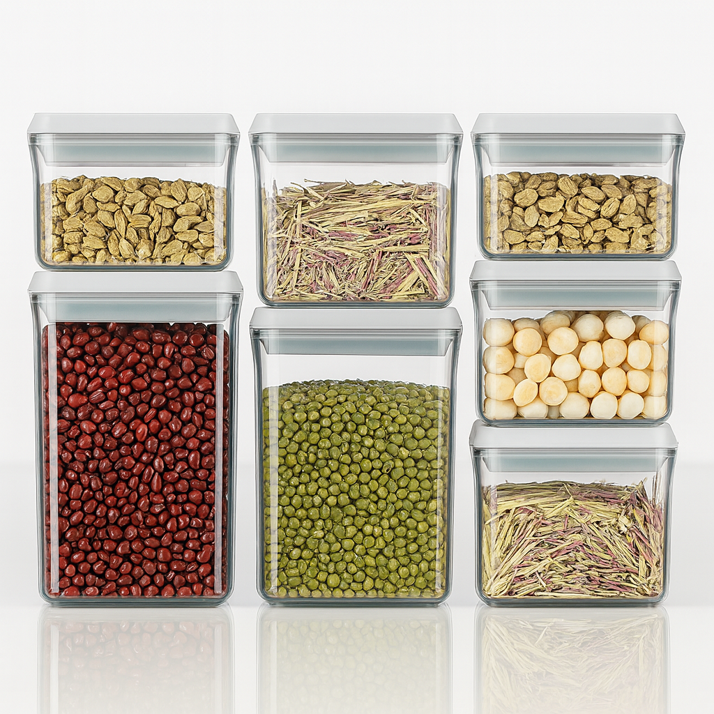 Borcane transparente pentru depozitarea alimentelor uscate, umplute cu leguminoase, nuci și plante uscate.