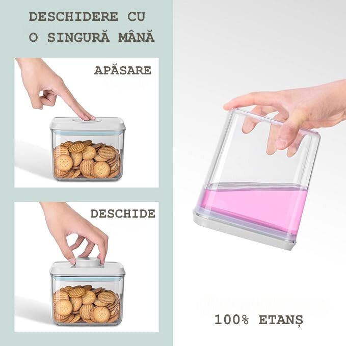 Mână care apasă și deschide un recipient cu biscuiți printr-un singur gest, alături de o mână care ține un recipient înclinat, etanș, cu lichid roz în interior.