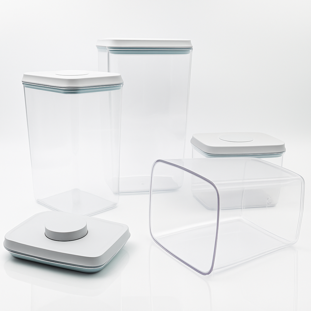 Recipiente din plastic transparent cu capac etanș, ideale pentru depozitarea alimentelor în bucătărie.