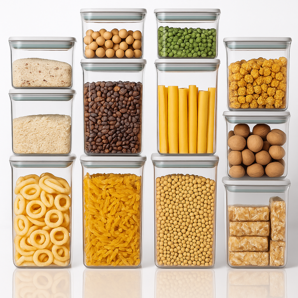 Recipiente etanșe din plastic, transparente, umplute cu diverse alimente uscate precum paste, cereale, leguminoase, biscuiți și condimente.