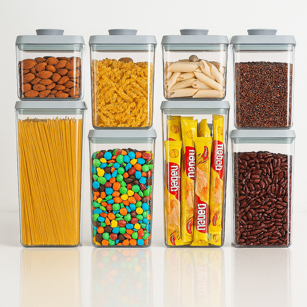 Set de recipiente transparente din plastic pentru depozitarea alimentelor uscate, umplute cu paste, cereale, bomboane și leguminoase.