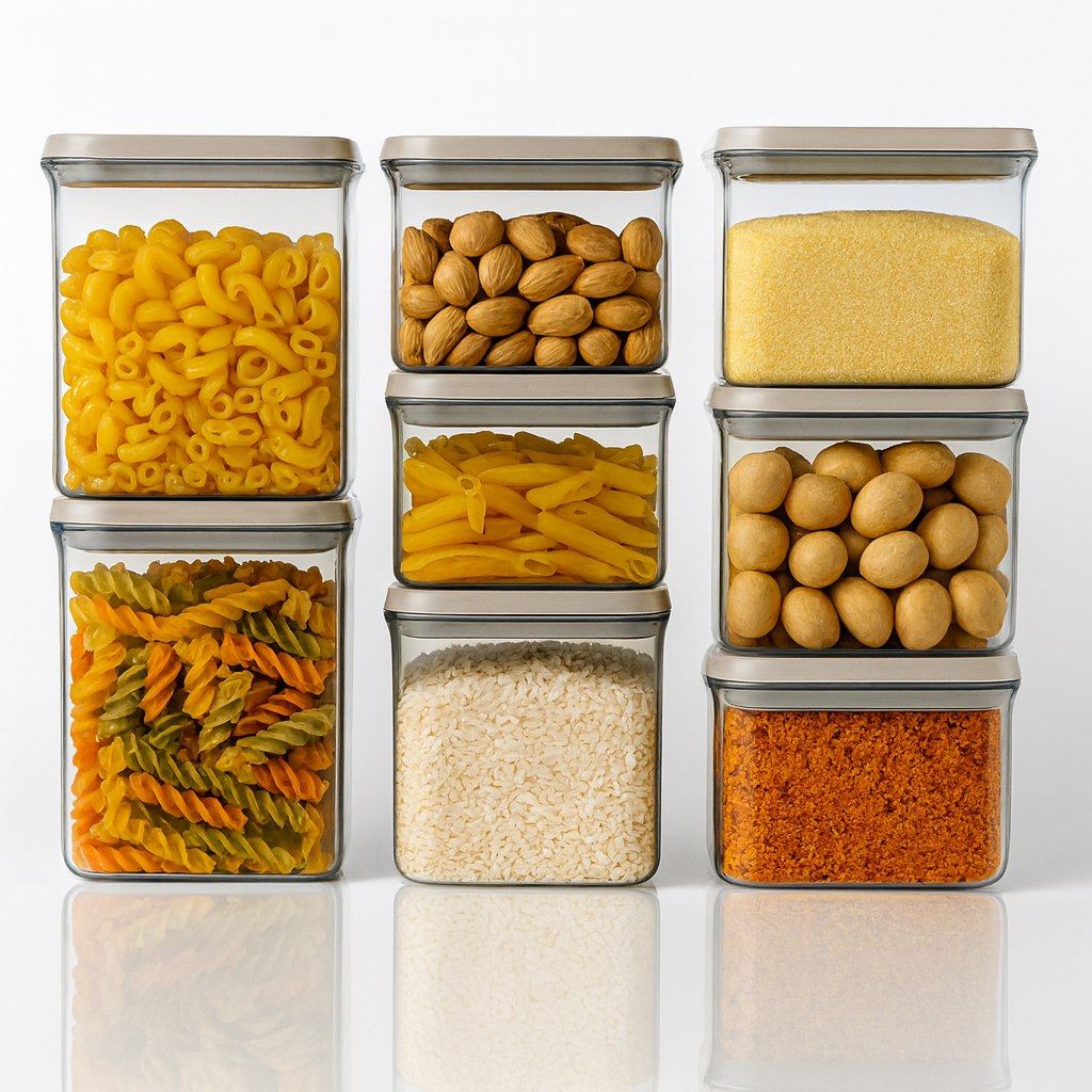 Set de borcane pătrate din sticlă transparentă cu capace etanșe, umplute cu paste, orez, nuci, mălai și condimente, ideale pentru organizarea alimentelor în bucătărie.