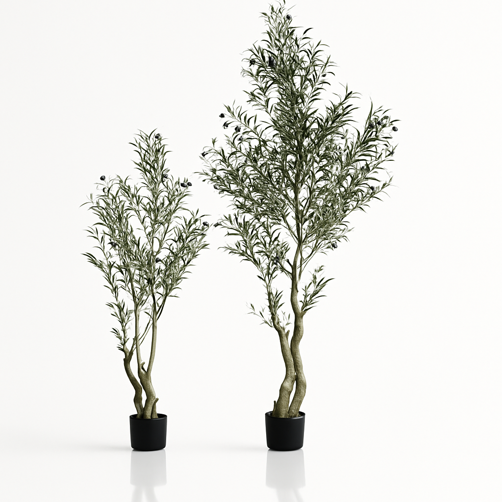 Doi măslini artificiali decorativi cu trunchi realist și frunziș dens, în ghivece negre, pe fundal alb.