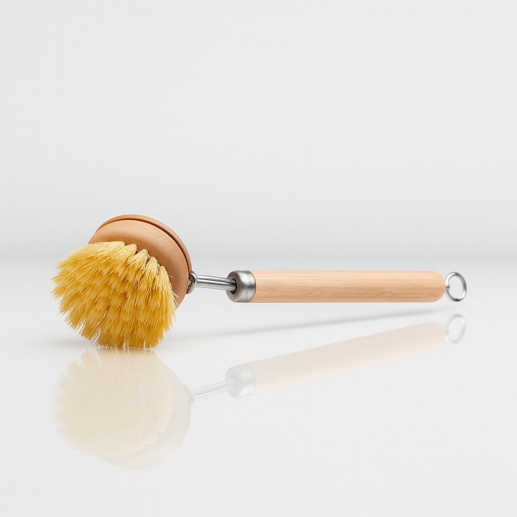 Perie de vase cu mâner lung din lemn și cap cu peri galbeni naturali, pe fundal alb lucios.