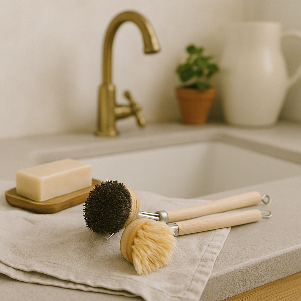 Două perii ecologice pentru vase cu mâner din lemn, una cu peri galbeni și una cu peri negri, așezate pe o lavetă într-o bucătărie modernă.