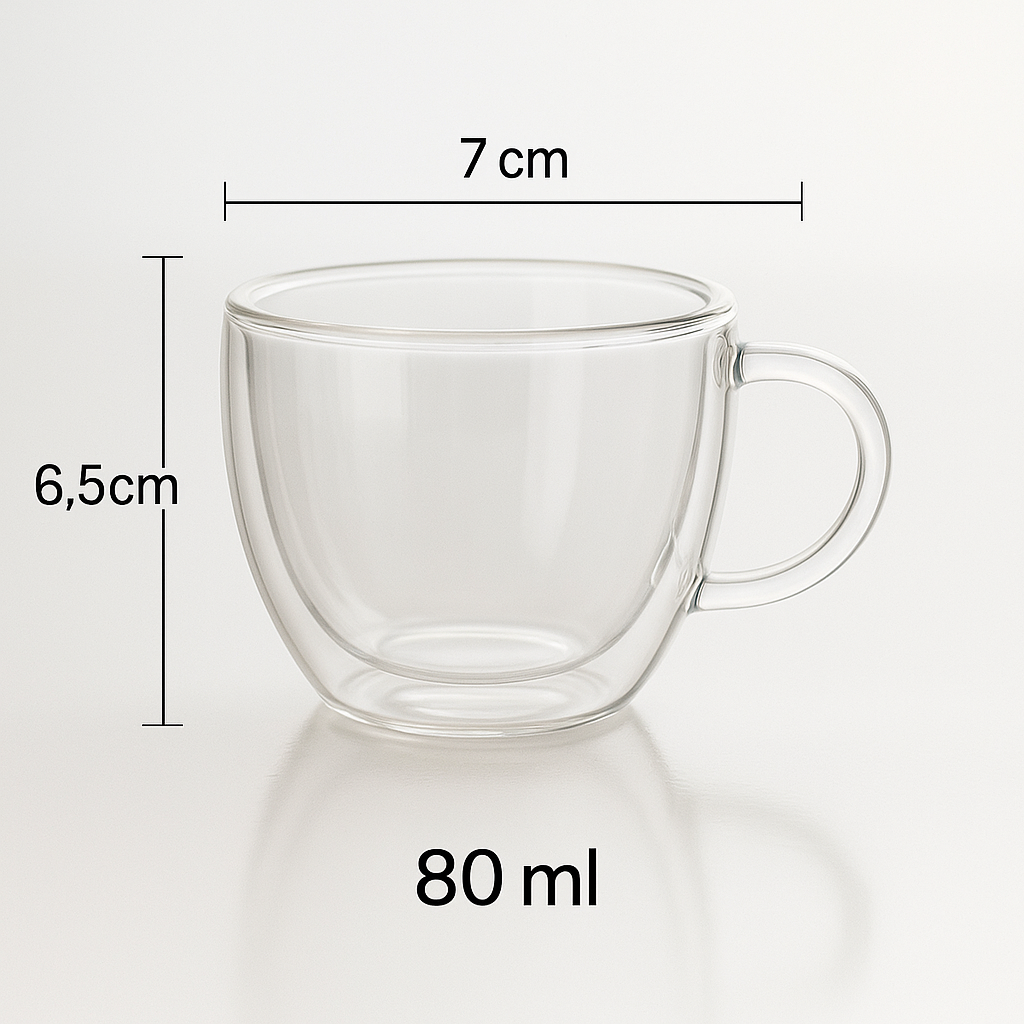 Cană din sticlă cu perete dublu, 80 ml, dimensiuni 7 cm lățime și 6,5 cm înălțime, transparentă, pe fundal alb.