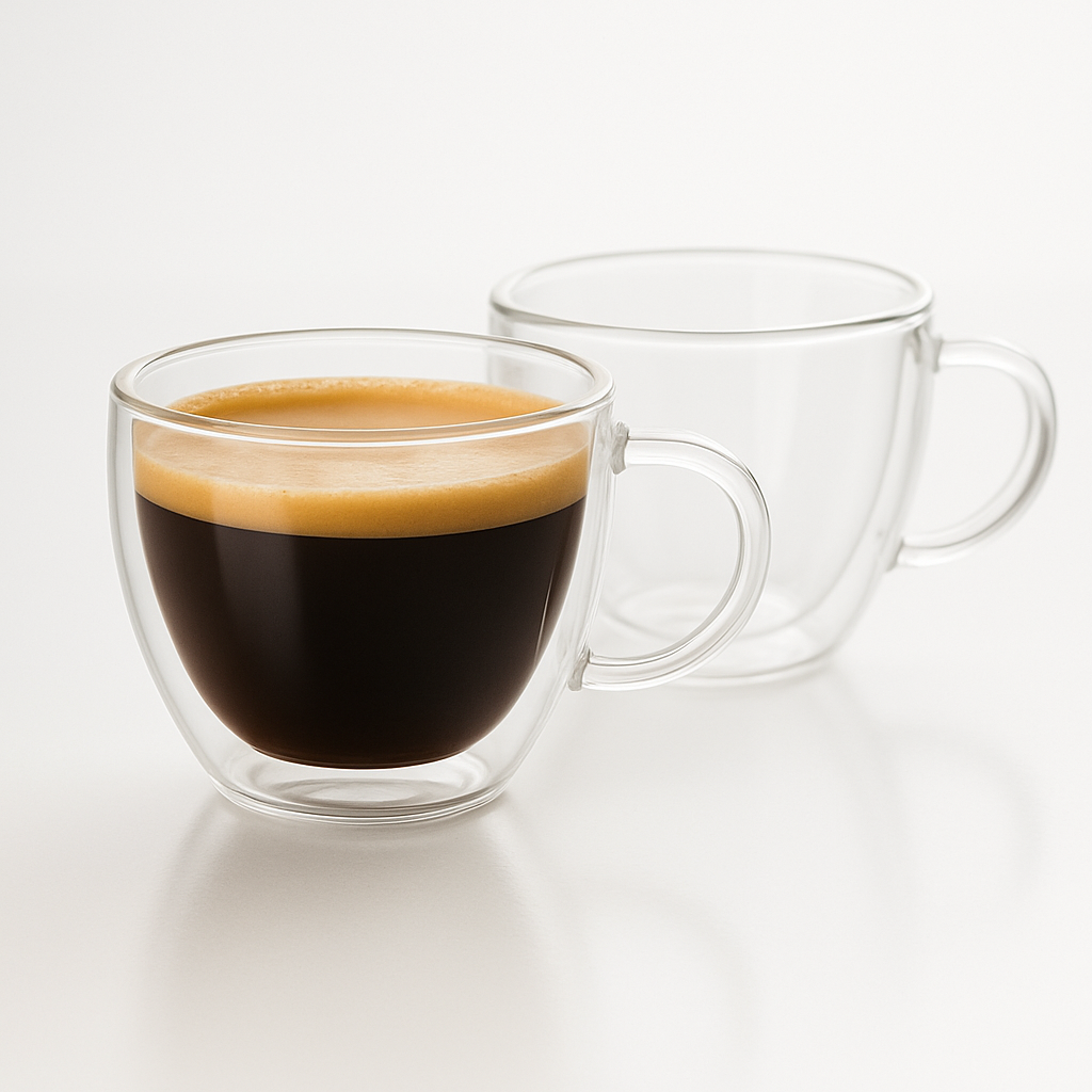 Cană din sticlă transparentă cu perete dublu, 80 ml, umplută cu espresso cremos, pe fundal alb.