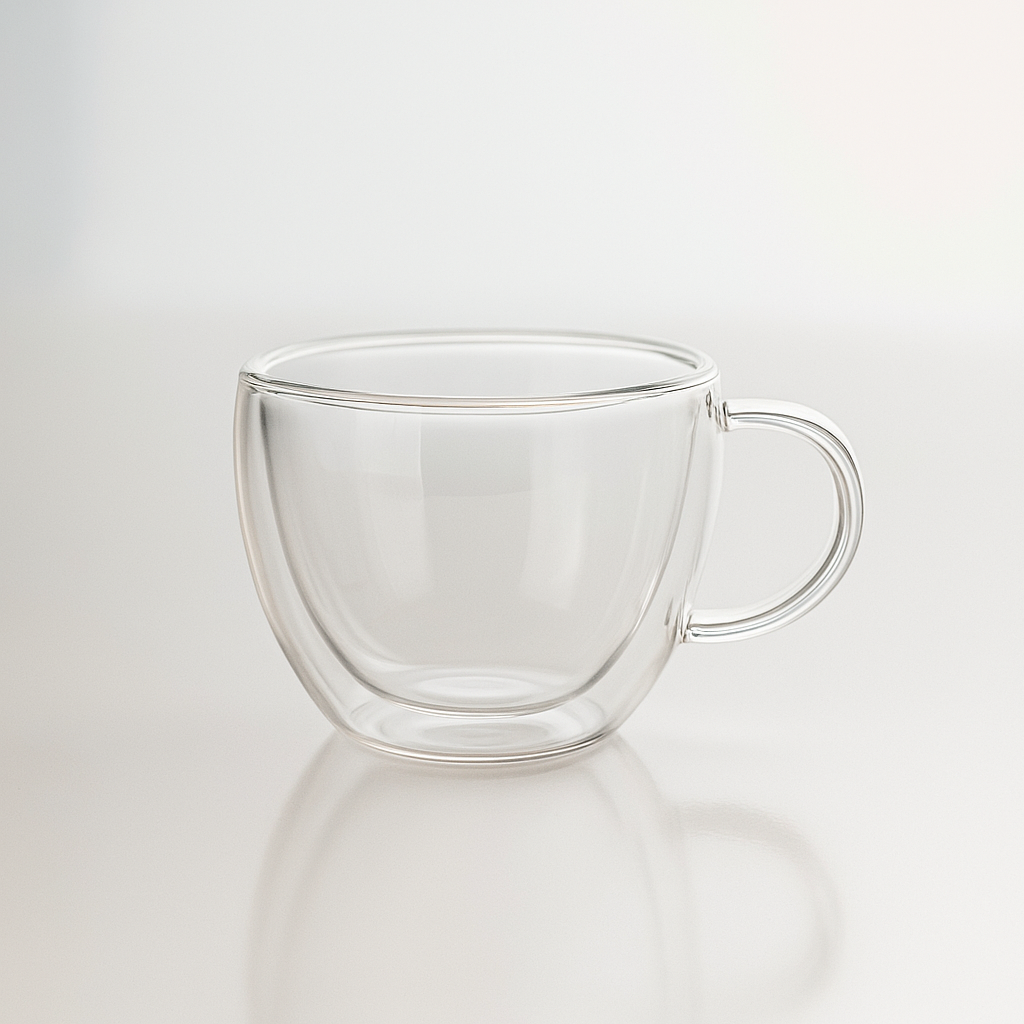 Cană din sticlă transparentă cu perete dublu, 80 ml, pe fundal alb cu reflexie subtilă.