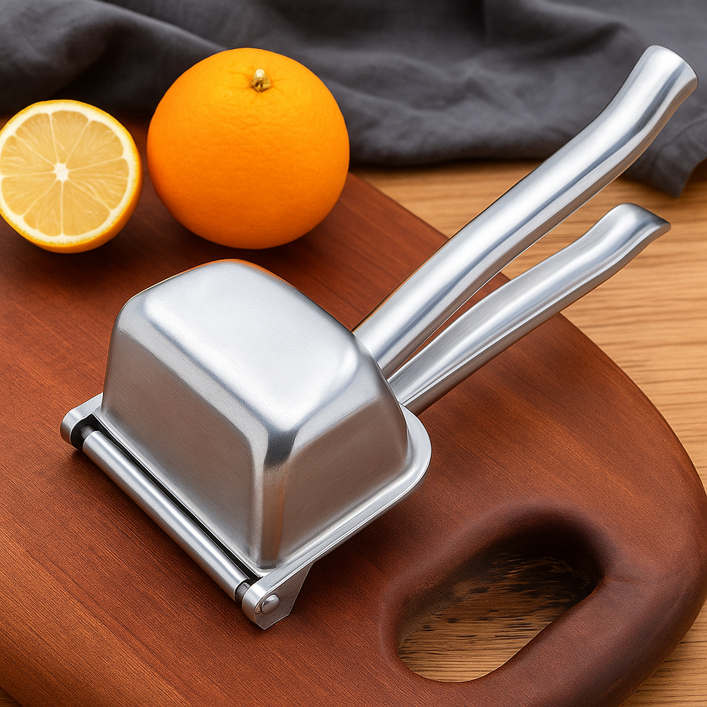 Storcător manual de cartofi din oțel inoxidabil pe fundal de lemn, alături de lămâi și portocale