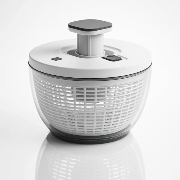 Uscător manual pentru salată, design modern din plastic rezistent, cu mecanism de rotire și capac alb