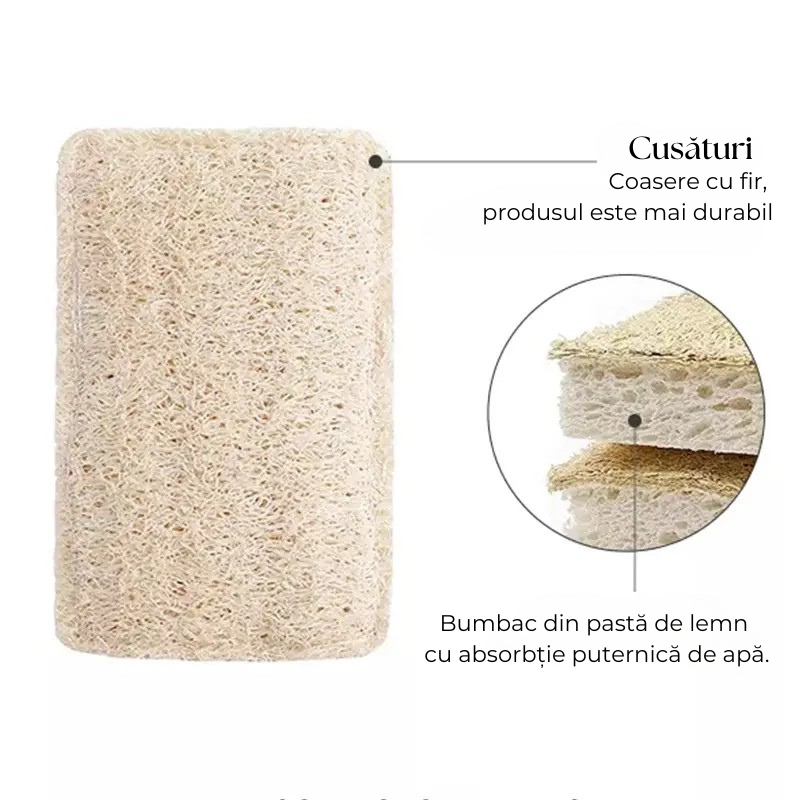 Burete ecologic din pastă de lemn cu strat abraziv, cusături rezistente și absorbție mare