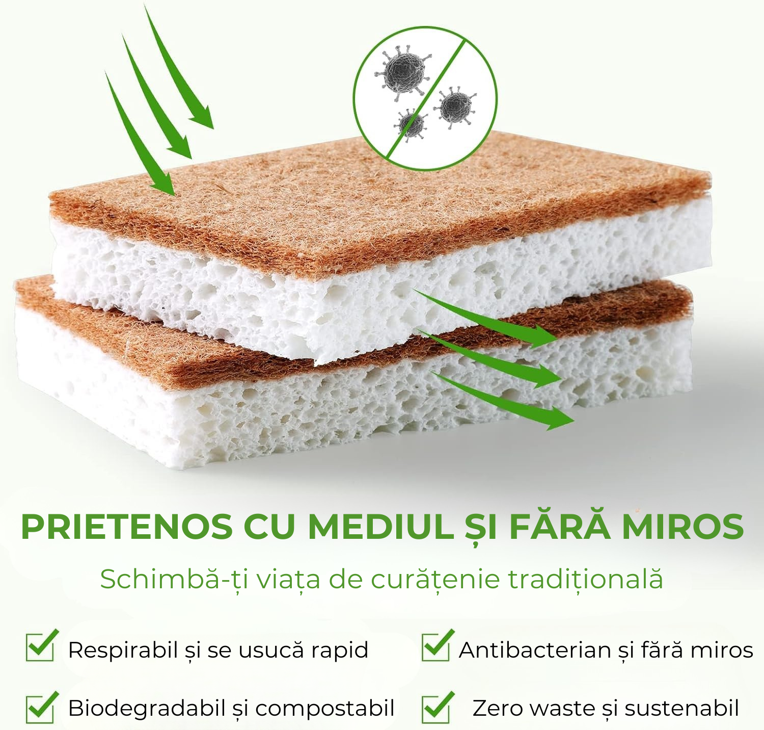 Bureți ecologici de curățare, biodegradabili și antibacterieni, fără miros