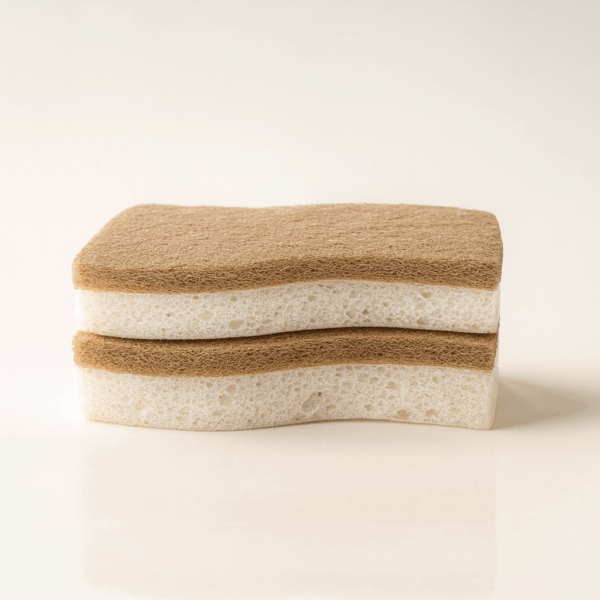 Doi bureți de curățare curbați realizați din fibre naturale și material absorbant alb, dispuși unul peste altul.