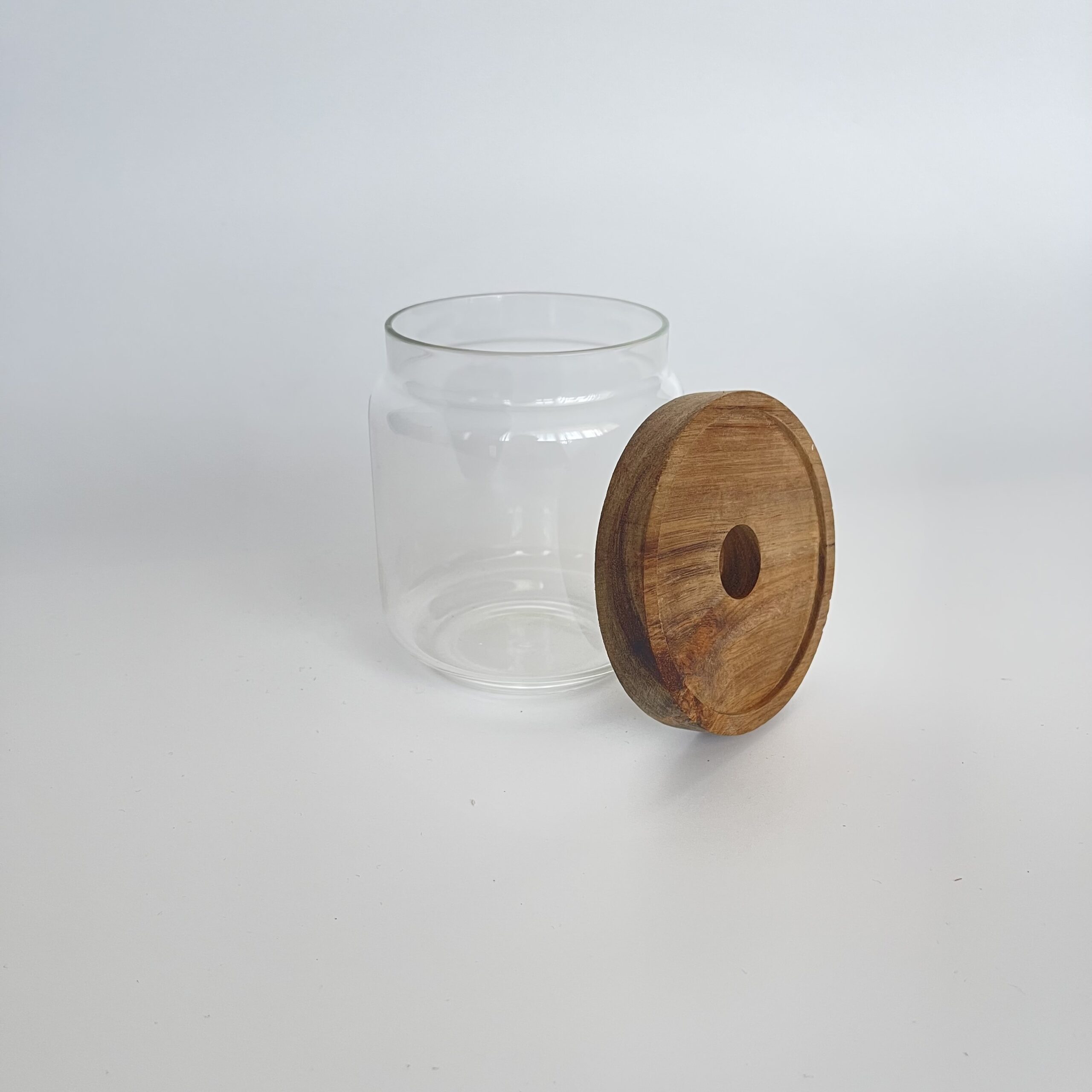 Borcan din sticlă transparentă cu capac din lemn detașabil pentru depozitare alimente