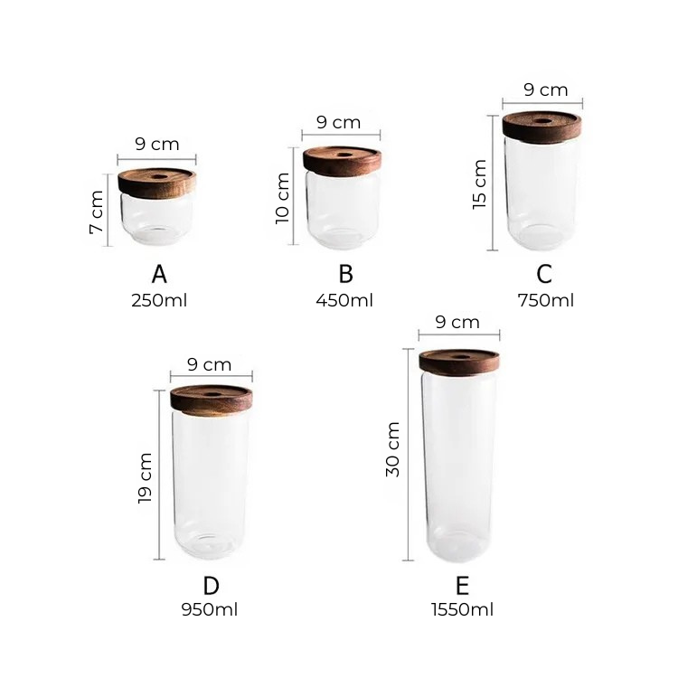 Dimensiuni și capacități borcane din sticlă cu capac din lemn – 250ml până la 1550ml