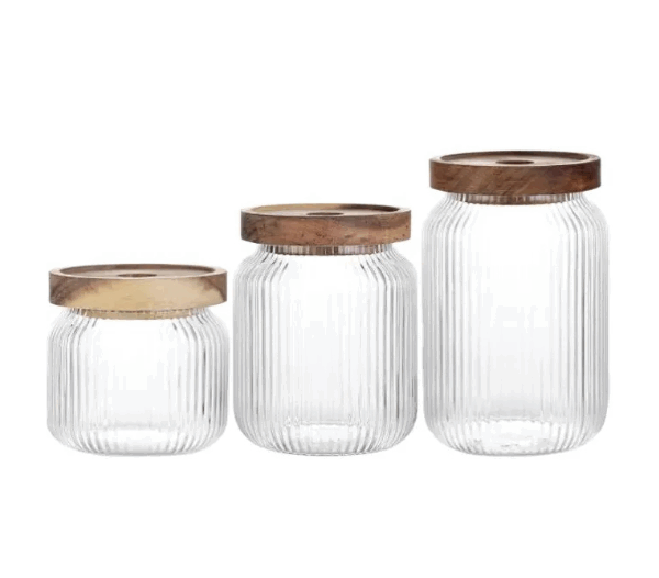 Set 3 borcane din sticlă cu capac din lemn etanș și design anti-alunecare