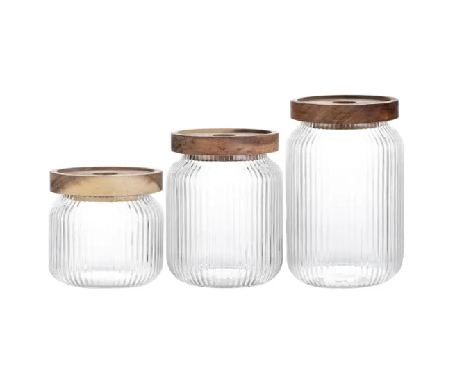 Set 3 borcane din sticlă cu capac din lemn etanș și design anti-alunecare