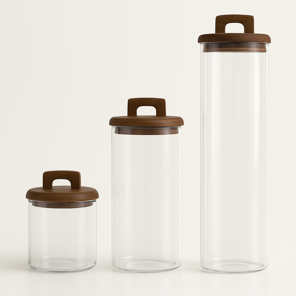 Set de borcane din sticlă cu capac din lemn, în volume de 950 ml, 1300 ml și 2100 ml, ideale pentru depozitare în bucătărie.