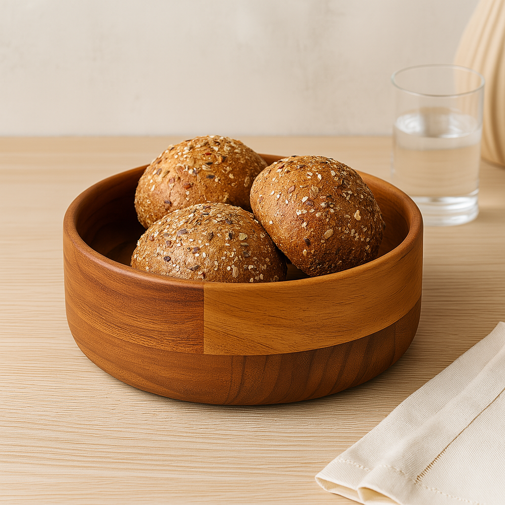 Bol din lemn plin cu chifle integrale, așezat pe o masă din lemn deschis, alături de un pahar cu apă și un șervețel crem