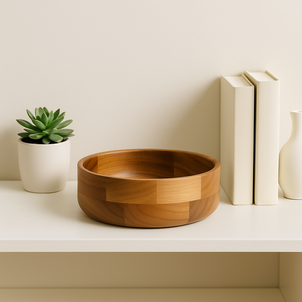 Bol din lemn natural de 625 ml, gol, așezat pe un raft alb alături de o plantă suculentă și cărți decorative.