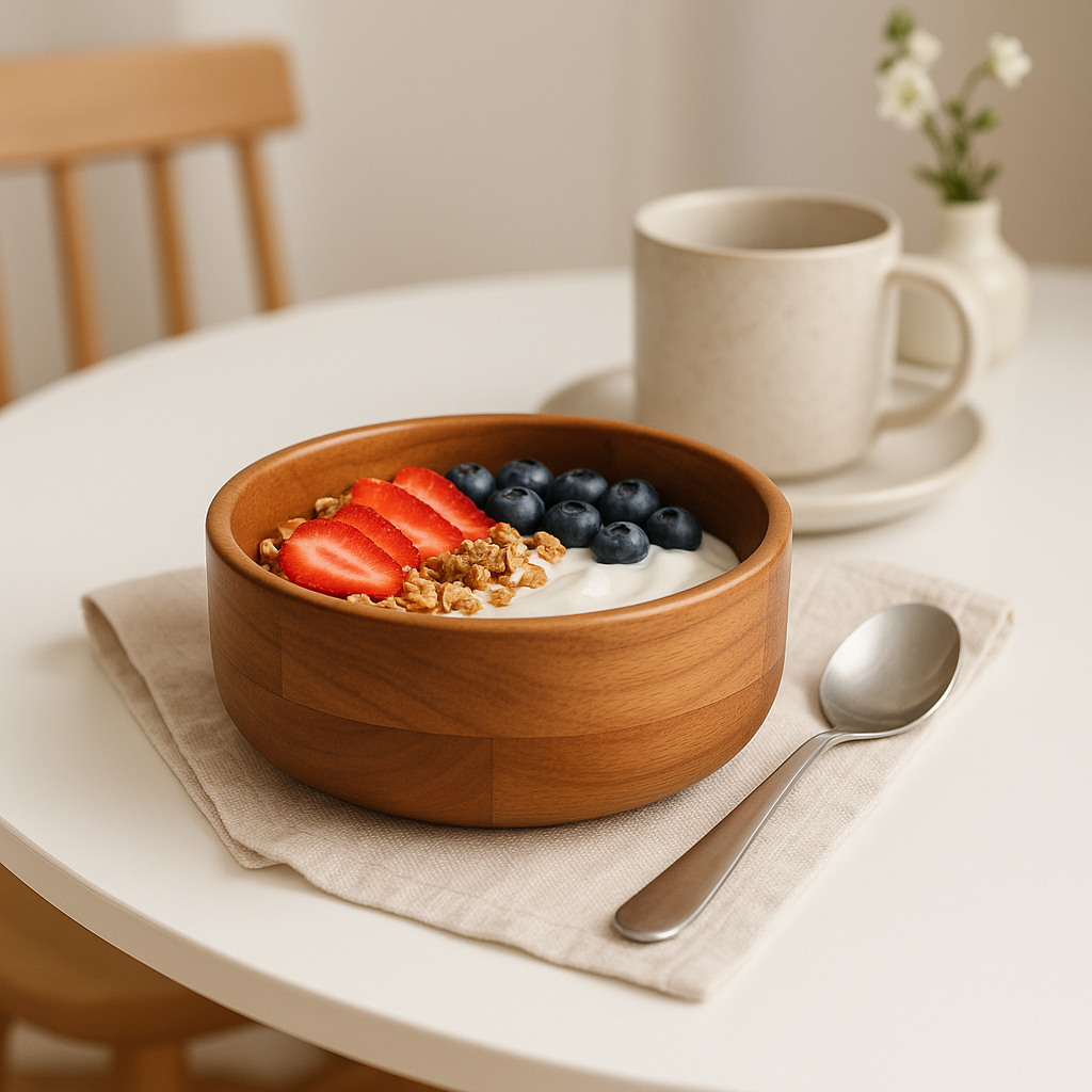 Bol mic din lemn natural de 625 ml, umplut cu iaurt, căpșuni, afine și granola, servit pe o masă albă de mic dejun.