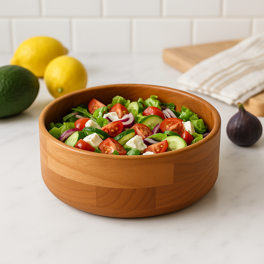 Bol din lemn umplut cu salată proaspătă cu roșii, castraveți, ceapă roșie și brânză feta, pe blat de bucătărie