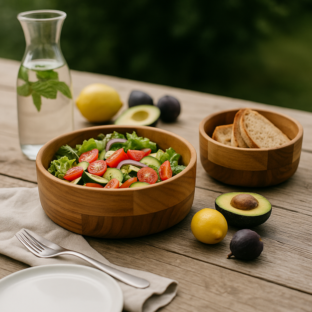 Două boluri din lemn natural, unul cu salată proaspătă și altul cu felii de pâine, așezate pe o masă rustică în aer liber.
