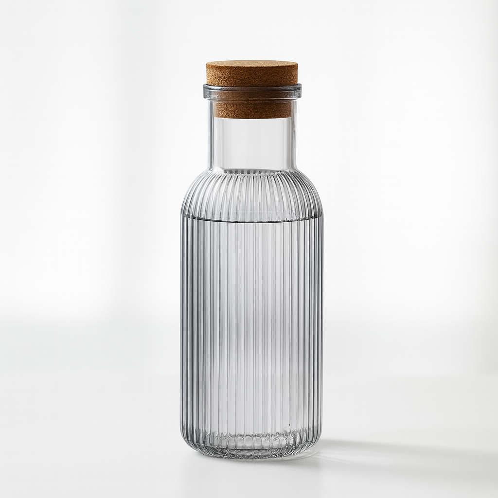 Carafă din sticlă transparentă cu capac din plută și apă în interior