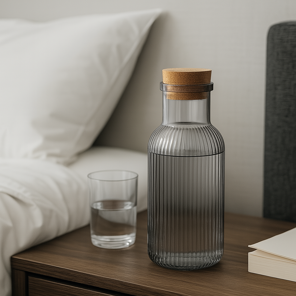Carafă din sticlă cu capac de plută pe o noptieră, lângă un pahar cu apă, într-un dormitor modern