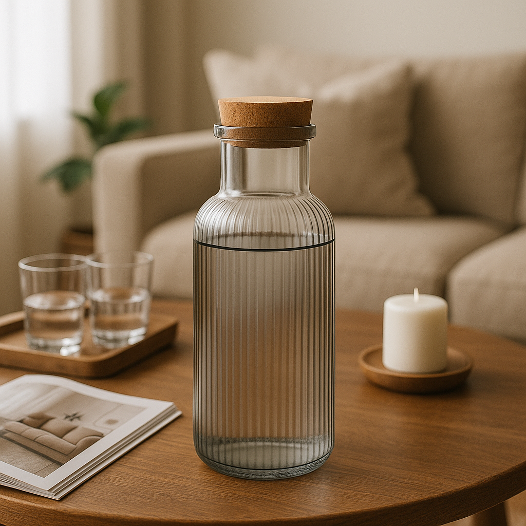 Carafă din sticlă cu capac de plută, umplută cu apă, așezată pe o măsuță de cafea într-un living modern