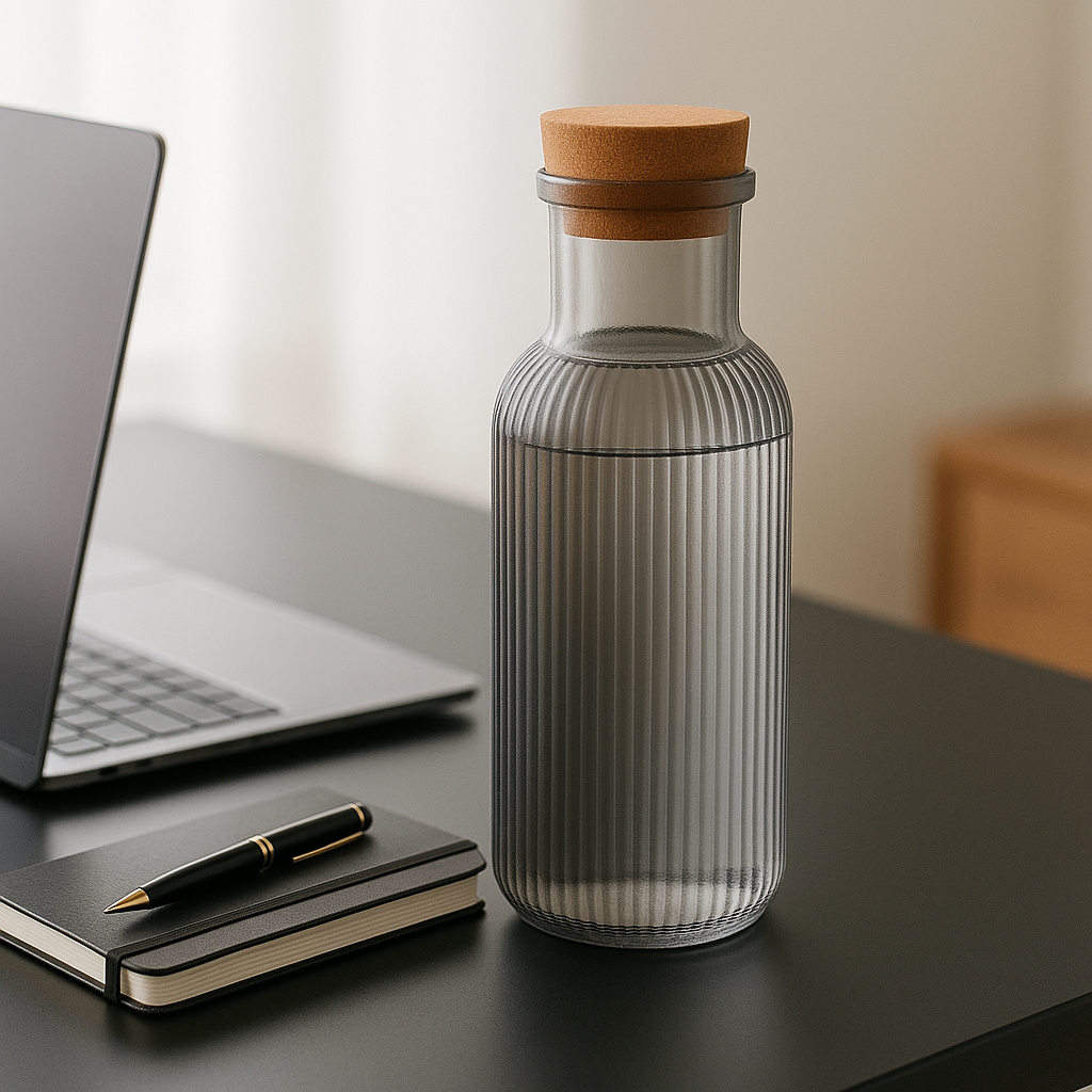 Carafă din sticlă cu capac de plută pe un birou modern lângă laptop, agendă și stilou