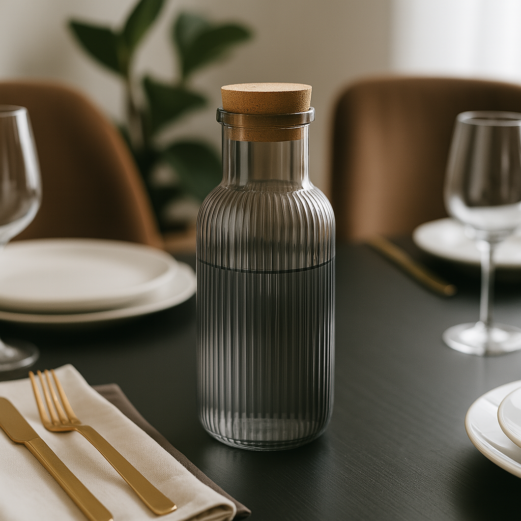 Carafă din sticlă cu capac de plută pe o masă elegantă de dining, alături de tacâmuri aurii și pahare de vin