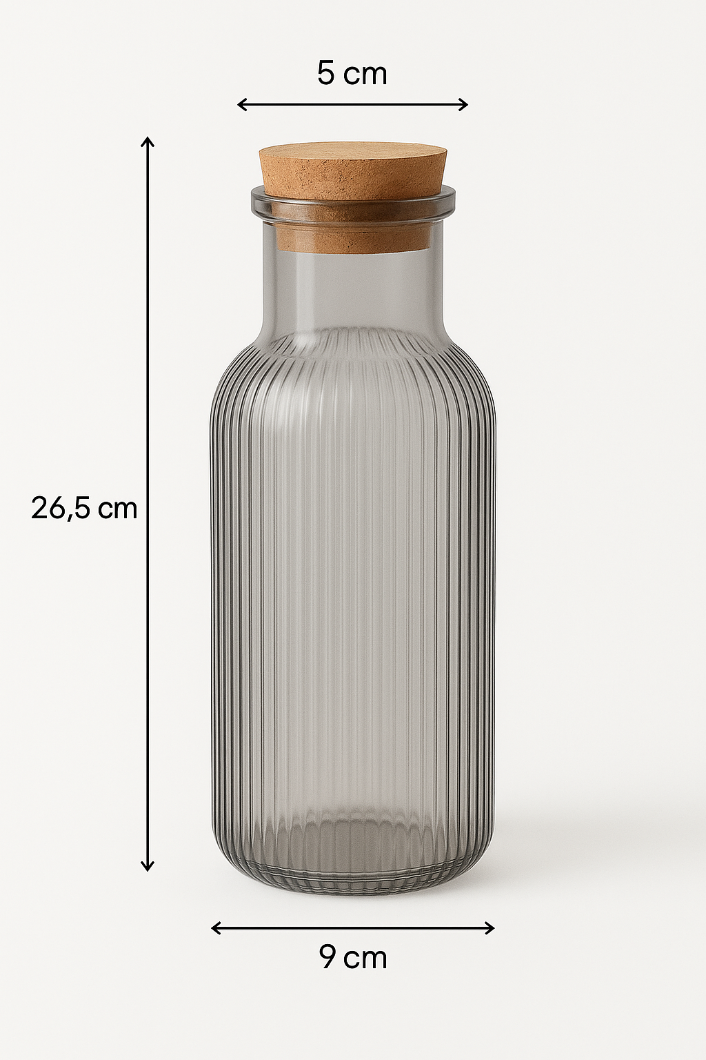 Carafă din sticlă cu capac de plută și dimensiuni 26,5 cm înălțime și 9 cm diametru