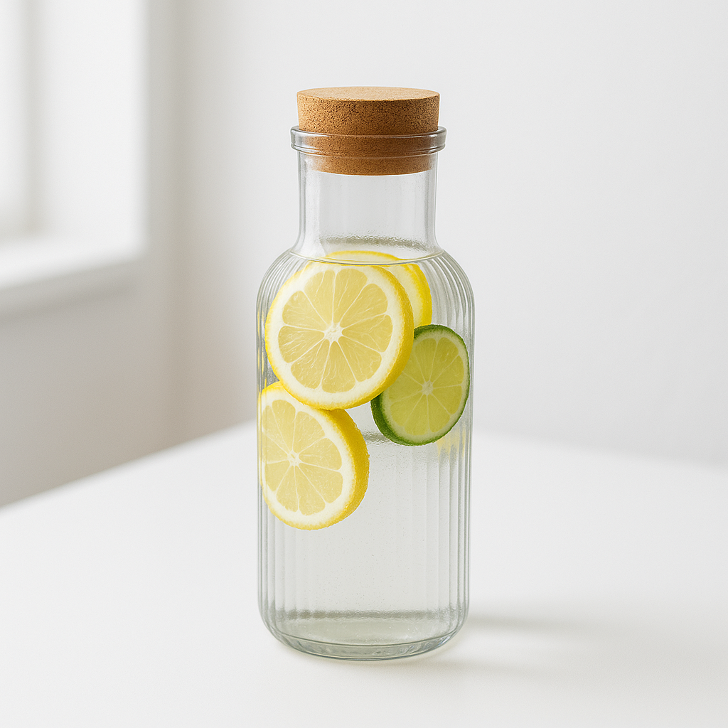 Carafă din sticlă cu apă, felii de lămâie și lime, capac din plută pe masă albă