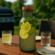 Carafă din sticlă cu apă infuzată cu lămâie, lime și mentă, pe masă de grădină lângă pahare și farfurii