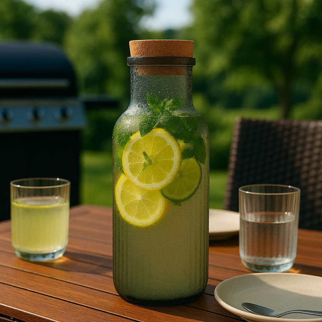 Carafă din sticlă cu apă infuzată cu lămâie, lime și mentă, pe masă de grădină lângă pahare și farfurii