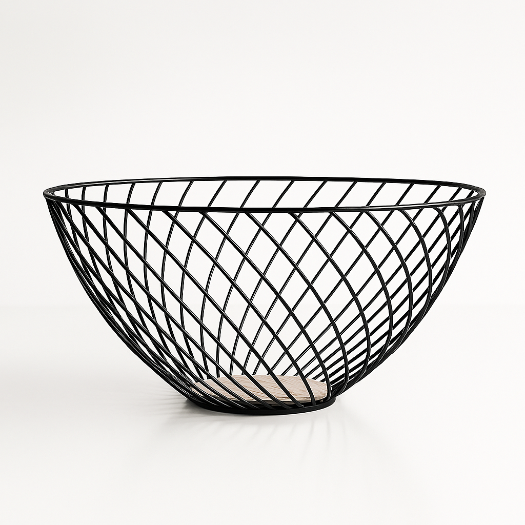 Coș rotund de fructe din metal negru cu design aerisit și bază din lemn, ideal pentru decor modern de bucătărie.