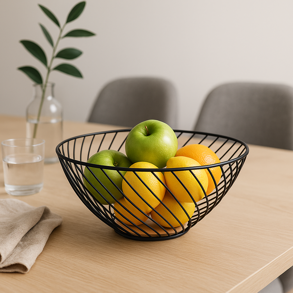 Coș de fructe din metal negru cu bază din lemn, plin cu mere verzi, portocale și lămâi, așezat pe o masă din lemn într-un decor modern de sufragerie.