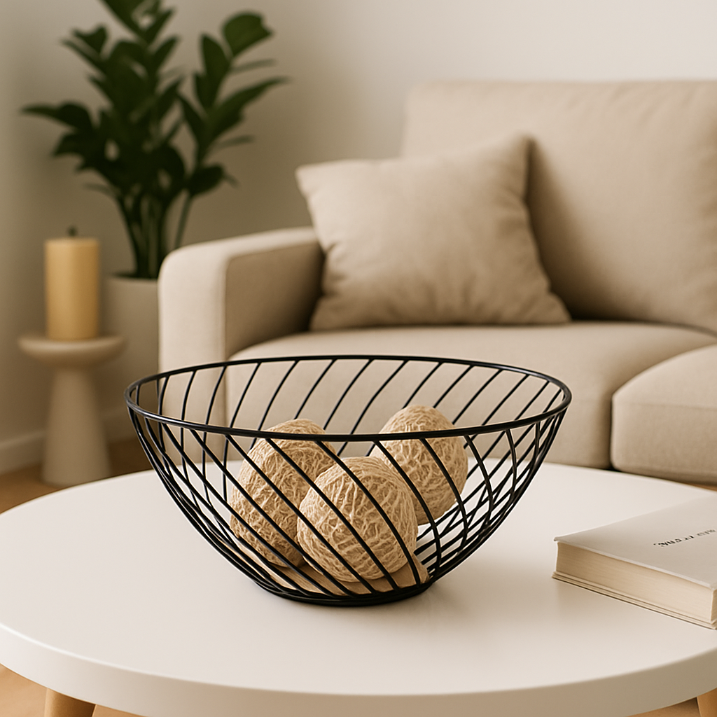 Coș decorativ din metal negru cu design geometric, plasat pe o masă albă de cafea într-un living modern, conținând bile decorative din sfoară.
