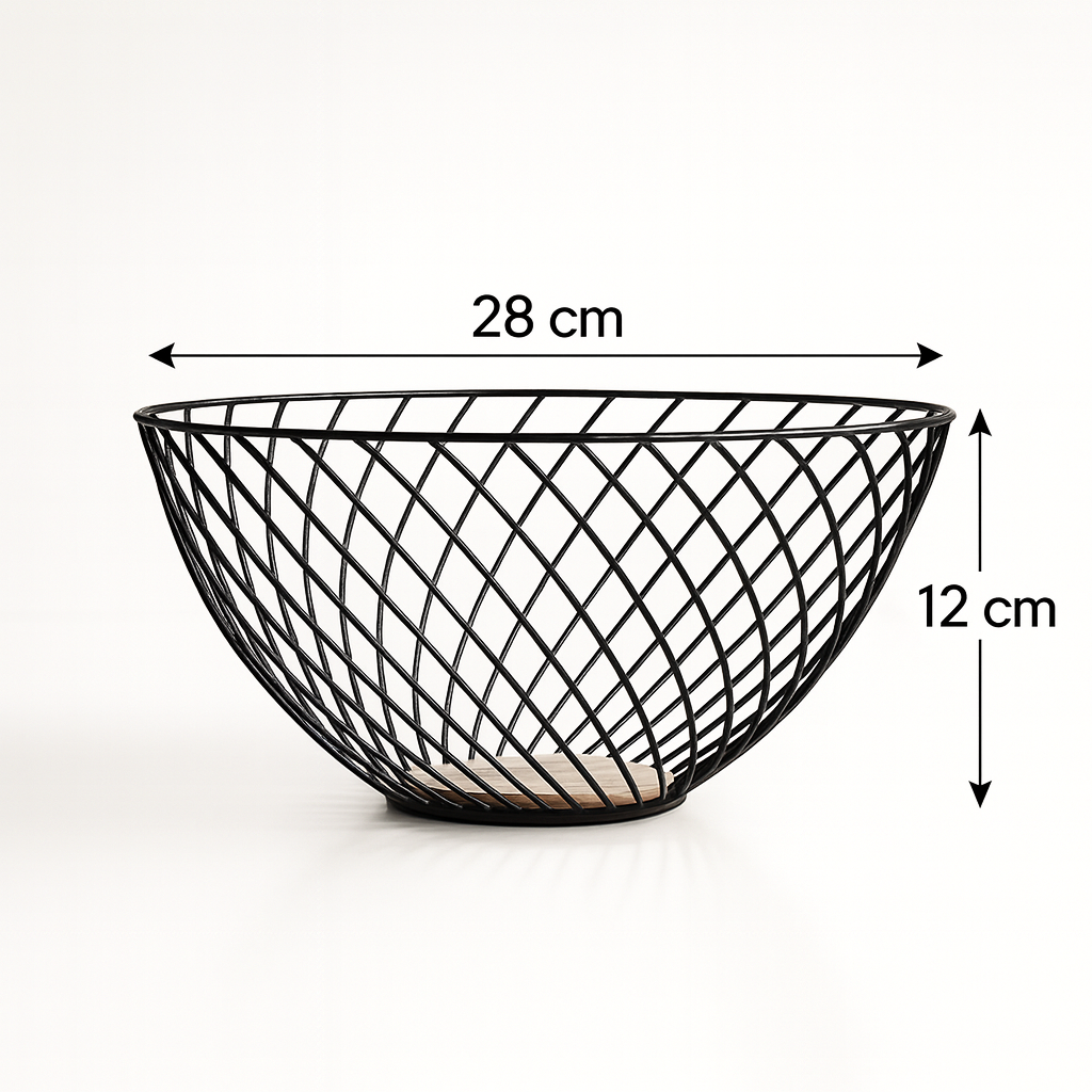 Coș decorativ metalic negru cu bază din lemn și dimensiuni 28x12 cm, ideal pentru fructe sau obiecte decorative.