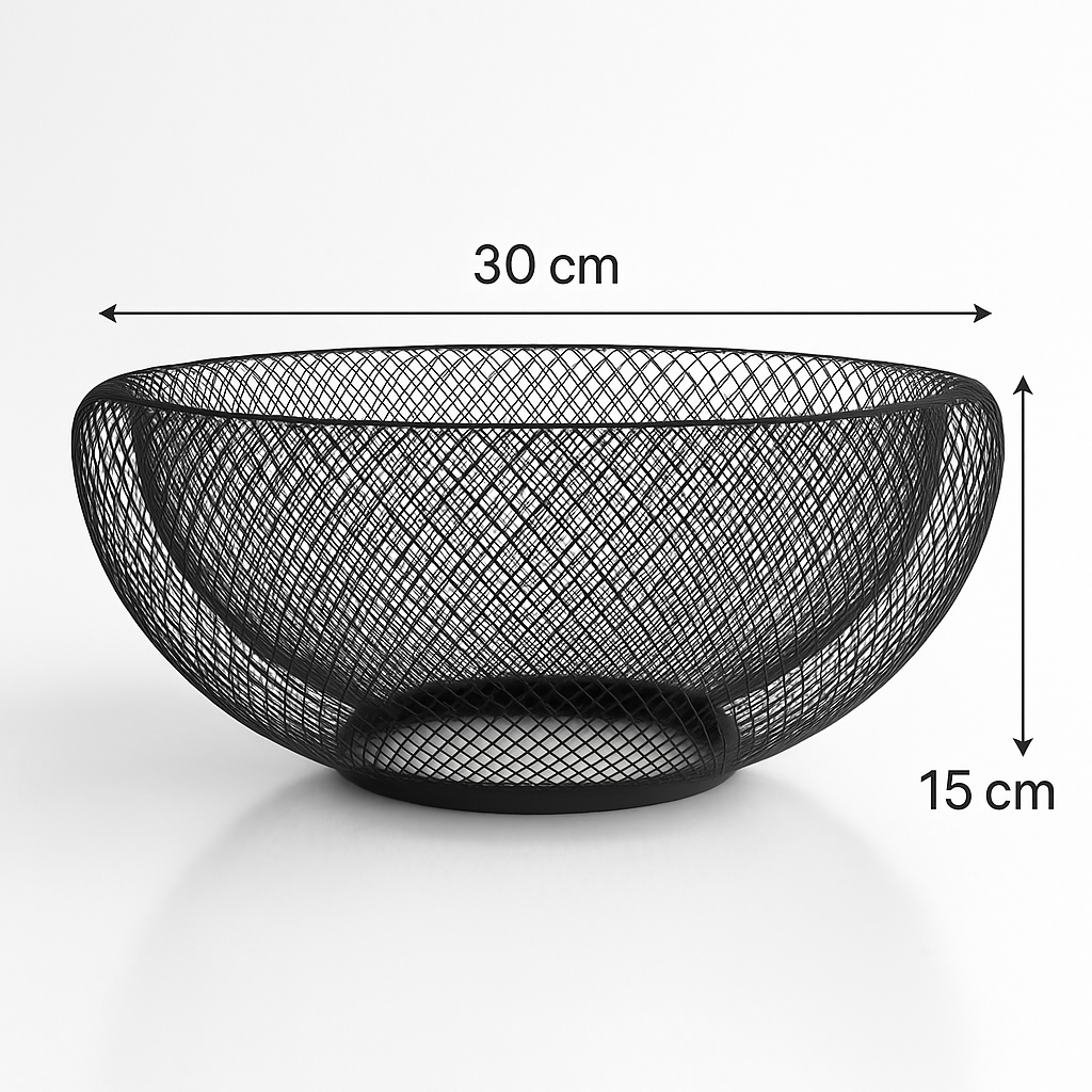 Coș metalic decorativ negru cu dimensiunile 30 cm lățime și 15 cm înălțime, ideal pentru fructe sau decor.