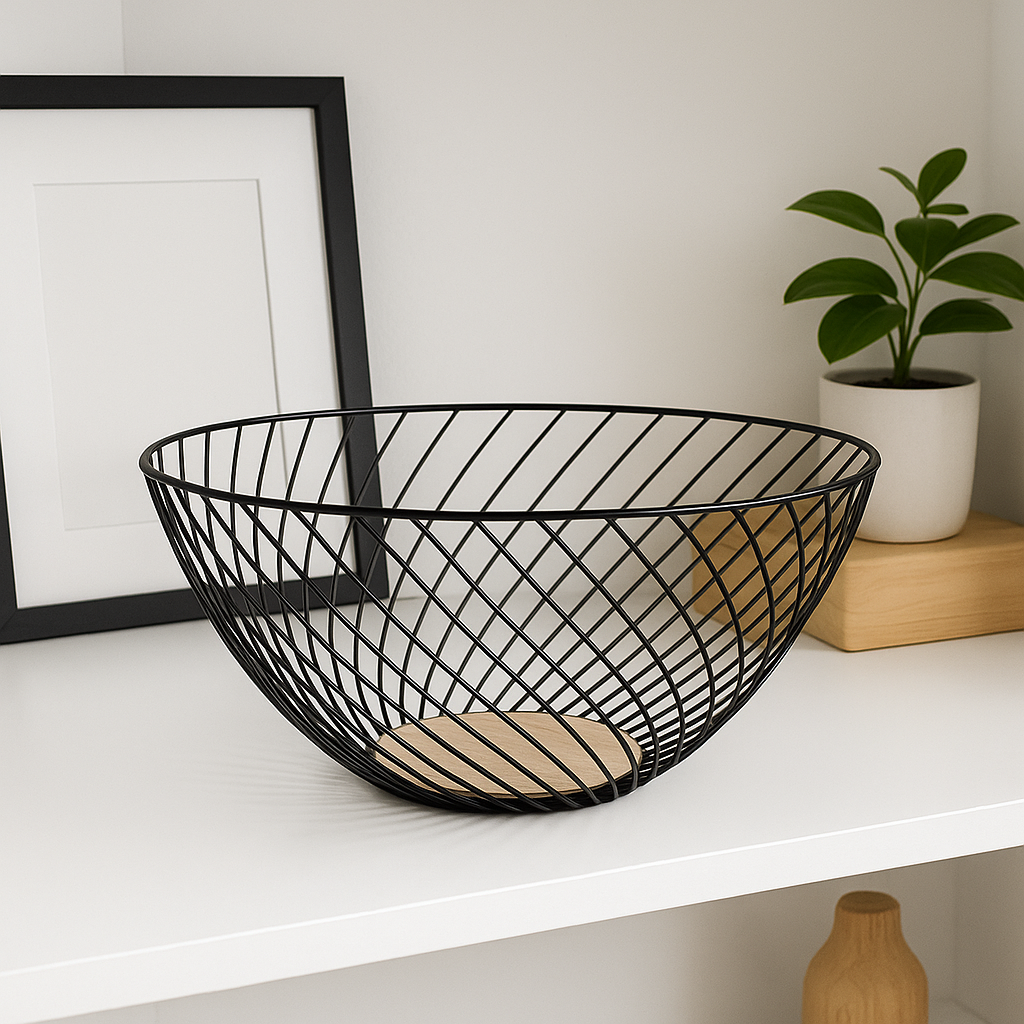 Coș decorativ din metal negru cu bază din lemn, amplasat pe o etajeră albă modernă, lângă o ramă foto și o plantă decorativă.