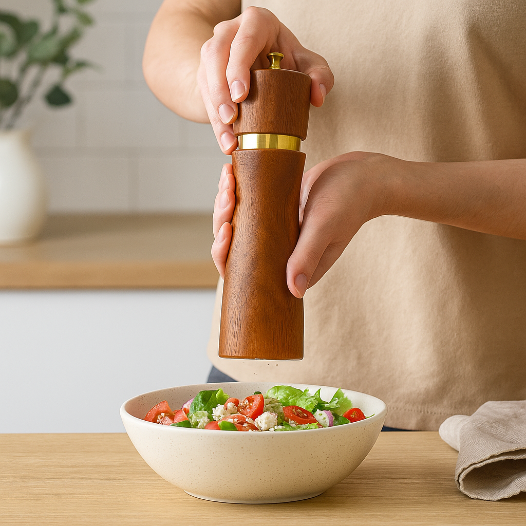 Persoană care folosește o râșniță din lemn cu detalii aurii pentru a condimenta o salată proaspătă.
