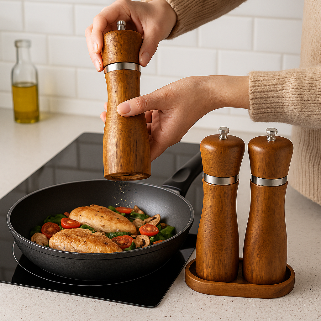 Persoană care folosește o râșniță din lemn pentru a condimenta un preparat în tigaie, alături de un set de râșnițe pe blat.