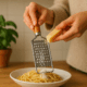 Persoană rade parmezan peste o farfurie cu paste folosind o răzătoare din inox cu mâner din lemn