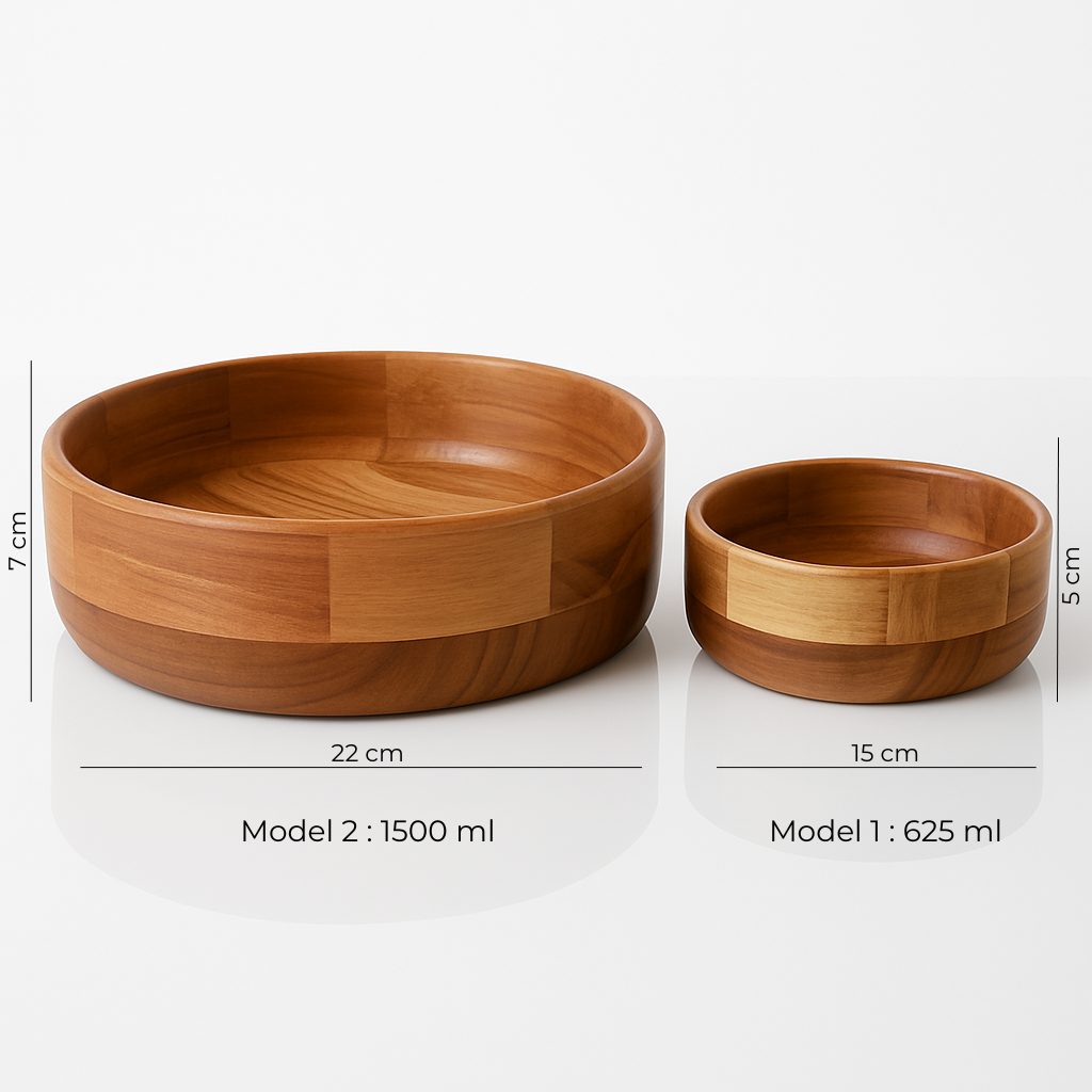 Imagine cu două boluri din lemn, alături de dimensiunile și capacitățile fiecărui model: 1500 ml și 625 ml