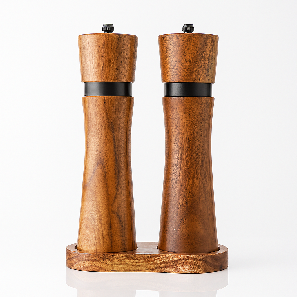 Set de râșnițe din lemn natural pentru sare și piper, cu suport elegant din lemn asortat.