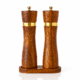 Set de râșnițe din lemn cu inel auriu și suport, ideal pentru sare și piper, cu design elegant și clasic.