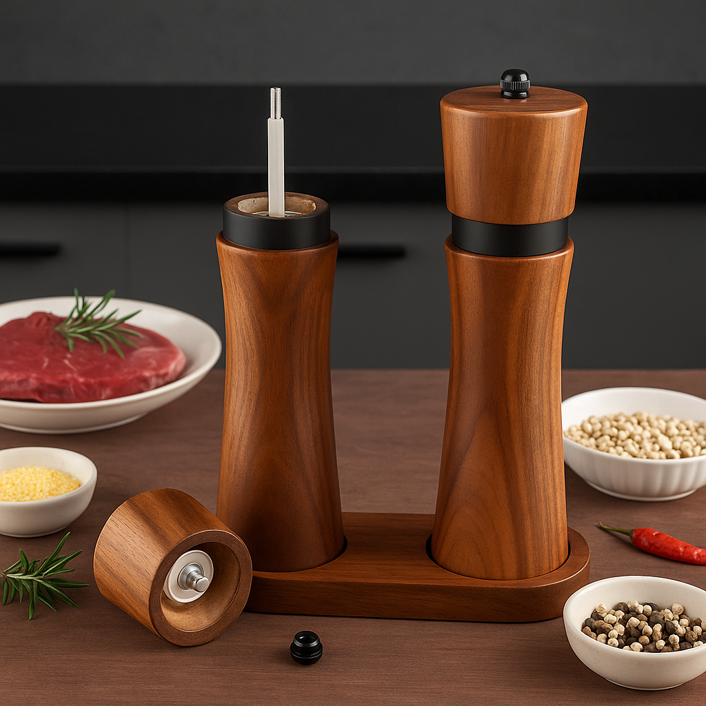 Set de râșnițe din lemn cu mecanism metalic vizibil, suport din lemn, ideal pentru măcinarea piperului și sării.