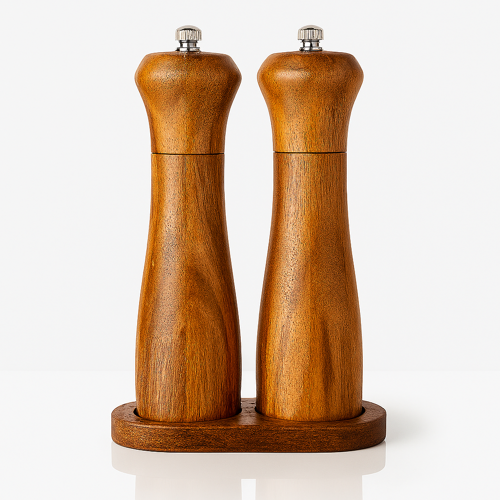 Set de râșnițe din lemn cu formă ergonomică curbată pentru sare și piper, pe suport din lemn.